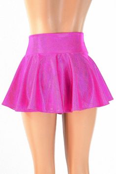 "This item is made to order, please read all the way through the listing before purchasing! Super cute neon pink holographic metallic mini skirt! This wicked awesome skirt is full circle cut, so it whirls and twirls with flirty movement. It is made of four way stretch spandex. It sets high at the waist, and the length is measured from the top of the waistband to the hemline. Need help choosing \"Length\"? Watch this video: https://www.youtube.com/watch?v=qTKmmJGrjW8&t=1s Womens Sizing (See b Rave Style Mini Skirt For Night Out, Trendy Fitted Shiny Skirt, Spring Party Rave Skirt, Spring Rave Party Skirt, Rave Skirt For Spring Party, Rave Style Skirt For Spring Party, Spring Rave Skirt For Party, Neon Bottoms For Summer Party, Shiny Stretch Mini Skirt