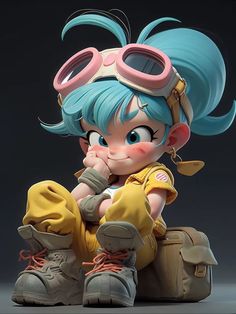 a doll with blue hair and goggles sitting on a suitcase