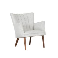 a white chair with wooden legs and an upholstered backrest, on a white background