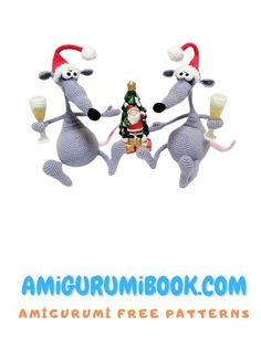 two mice are holding champagne glasses in front of a white background with the words amigurum book com