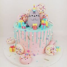 a birthday cake decorated with sprinkles, donuts and a cat sitting on top