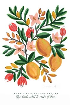 a card with oranges and flowers on it