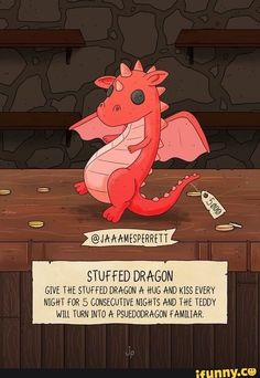 a red dragon sitting on top of a wooden table next to a sign that says stuff