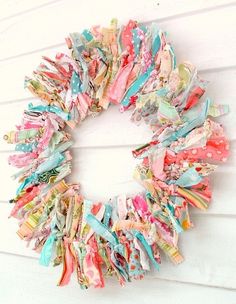 a wreath made out of old fabric pieces