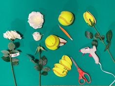 flowers, scissors and other items are arranged on a green surface