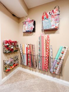 the wall is filled with many different types of wrappings and other crafting supplies