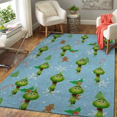 the rug in the living room is decorated with cartoon characters