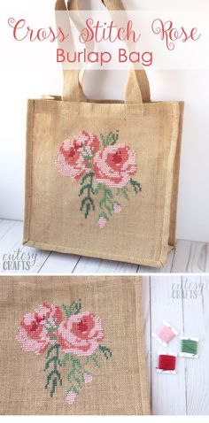 the cross stitch rose bag is made from burlip and has pink flowers on it