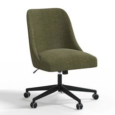 an office chair with wheels and a beige upholstered seat, viewed from the front