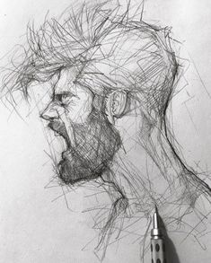 a pencil drawing of a man's face with his mouth open