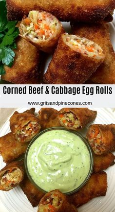 some food is on a white plate and there are two pictures with the words corned beef and cabbage egg rolls