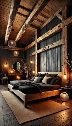 a bedroom with wooden walls and flooring is lit up by lights that are on either side of the bed