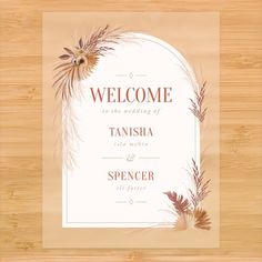 a welcome card with flowers and leaves on it