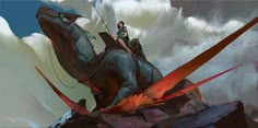 a woman riding on the back of a giant dinosaur