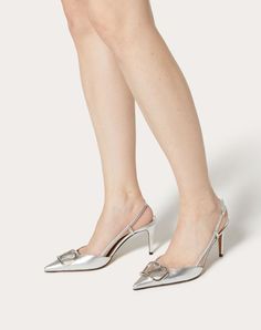 Valentino Garavani slingback pump in laminated nappa leather with VLogo Signature decoration - Tone-on-tone VLogo Signature accessory - Heel height: 80 mm / 3.1 in. - Made in Italy Valentino Slingback, Bow Mules, Studded Sneakers, Oxford Boots, Wedge Loafers, Slingback Heels, Valentino Rockstud, Slingback Heel, Slingback Pump