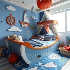 a child's bedroom decorated in blue, orange and white with an ocean theme