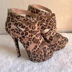 Cathy Jean Leopard Print 6in Heels In Size 6. New, Never Worn Brown Open Heel Shoes For Night Out, Brown Platform Heels For A Night Out, Brown Platform Heels For Night Out, Leopard Print High Heels For Night Out, Brown Platform High Heels, Leopard Print High Heels With Strap, Tan High Heels, Leopard Print Closed Toe Leather Heels, Ankle Wrap Heels