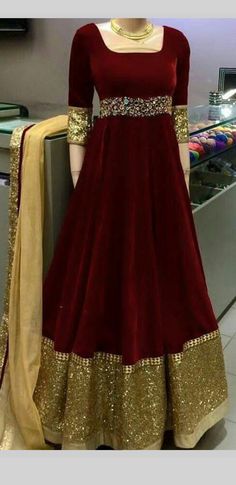 Velvet Anarkali Suits, Flared Anarkali, Gown Party Wear, Velvet Dress Designs, Designer Gown, Fancy Gowns, Velvet Tees, Red Lehenga