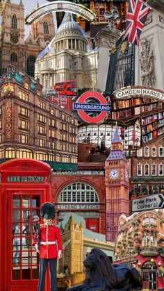 a collage of british symbols including a red phone booth and the big ben clock tower