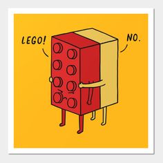 a red and yellow poster with an image of a lego