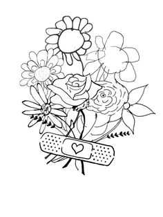 a bouquet of flowers is shown in black and white, with the word love on it