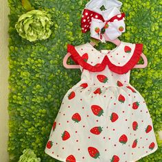 Very Trending Strawberry Dress With Matching Hand Made Head Band For Your Princess. Bundle For Better Price. Red Playful Dress For Playwear, Playful Red Dress For Playwear, Red Cotton Dress For Playdate, Red Fitted Dress For Playdate, Cute Red Cotton Dress, Red Cotton Casual Dress, Cute Red Dress For Play, Red Ruffled Dress For Playwear, Red Strawberry Print Dress For Summer