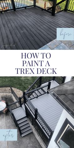 the steps and railings are painted black with white lettering that says how to paint a trex deck