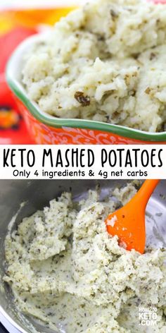 keto cauliflower mashed potatoes in a bowl with the title above it