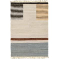 a multicolored rug with fringes and stripes on the bottom, in various colors