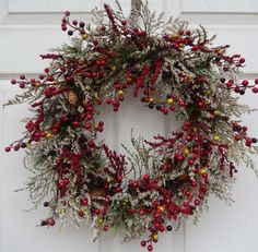 a wreath with berries and pine cones hanging on the front door to decorate it for christmas