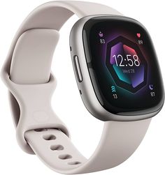 an image of a smart watch on a white wristband that is showing the time