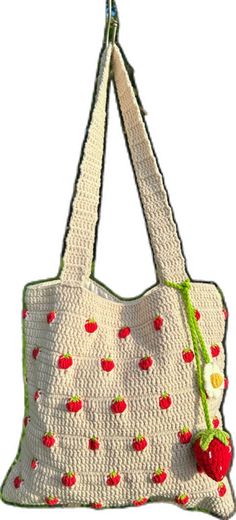 Cute Crochet Rectangular Shoulder Bag, Cute Crochet Shoulder Bag For Everyday Use, Cute Handmade Crochet Bag For Everyday, Cute Handmade Crochet Bag For Everyday Use, Cute Handmade Crochet Tote Bag, Cute White Crochet Tote Bag, Cute Crochet Tote Bag, Strawberry Crochet Bag, Strawberry Purse