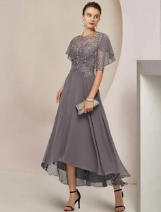 A-Line Mother of the Bride Dress Formal Wedding Guest Elegant Scoop Neck Asymmetrical Tea Length Chiffon Lace Half Sleeve with Beading Appliques Elegant Embellished Chiffon Mother Of The Bride Dress, Elegant Embellished Chiffon Dress For Banquet, Chiffon Mother Of The Bride Floor-length Dress For Wedding, Elegant Embellished Chiffon Wedding Dress, Wedding Dress With Sweep Train In Georgette, Georgette Wedding Dress With Sweep Train, Elegant Chiffon Dress With Sweep Train For Wedding, Chiffon Mother Of The Bride Dress With Sweep Train, Embellished Chiffon Mother Of The Bride Dress For Wedding