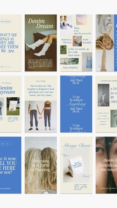 several different types of brochures are shown in blue and white colors, including one for women