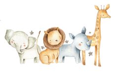 a group of animals that are standing next to each other on a white background with stars