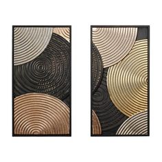 two metal wall art pieces with circles in gold and black on the sides, one is hanging