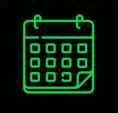 a neon green line drawing of a calendar on a black background with the date circled