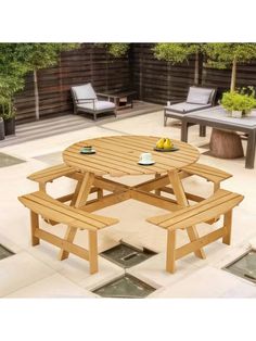 a wooden picnic table with two benches