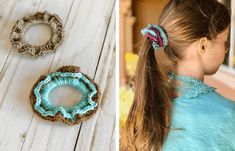 two pictures with different types of hair accessories and one has a ponytail in the middle