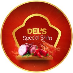 the del's special shiro logo is shown with shrimp, onions and peppers