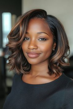 27 Jaw-Dropping Fall Hair Colors For Women With Dark Skin Tones Fall Color Black Women Hair, Highlights For African American Hair, Dark Brown Bob Black Women, Fall Hair Color For Black Women, Dark Skin Hair Color Ideas Black Women, Fall Hair Colors Black Women, Fall Hair Colors For Black Women, Brown Hair On Brown Skin, Autumn Hair Color