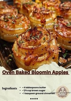 an advertisement for oven baked bloomin apples with bacon and onions in the center, on a baking sheet