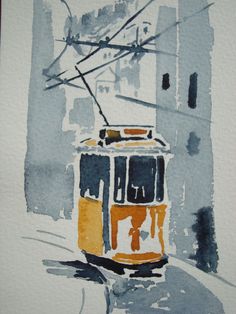 a watercolor painting of a cable car going down the tracks in winter time,