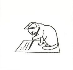 a drawing of a cat sitting on top of a table with a pen in it's mouth