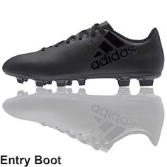 the adidas soccer shoe is shown in black and grey colors, with white lettering on the