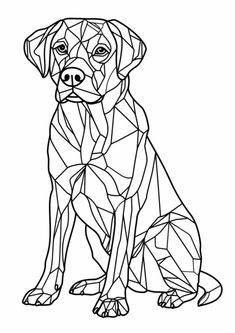 a black and white drawing of a dog with geometric shapes on it's face