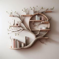 there is a tree with books on it and shelves in the shape of a circle