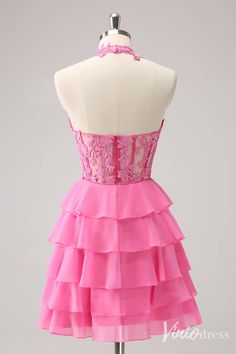 Pink Halter Neck Ruffled Homecoming Dresses Lace Applique Back to Scho – Viniodress