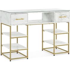 a white marble desk with gold legs and two drawers on each side, against a white background