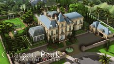 an artist's rendering of a large mansion in the middle of a lush green park